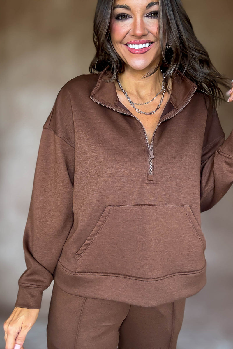 Easy Does It Brown Scuba Half Zip Sweatshirt