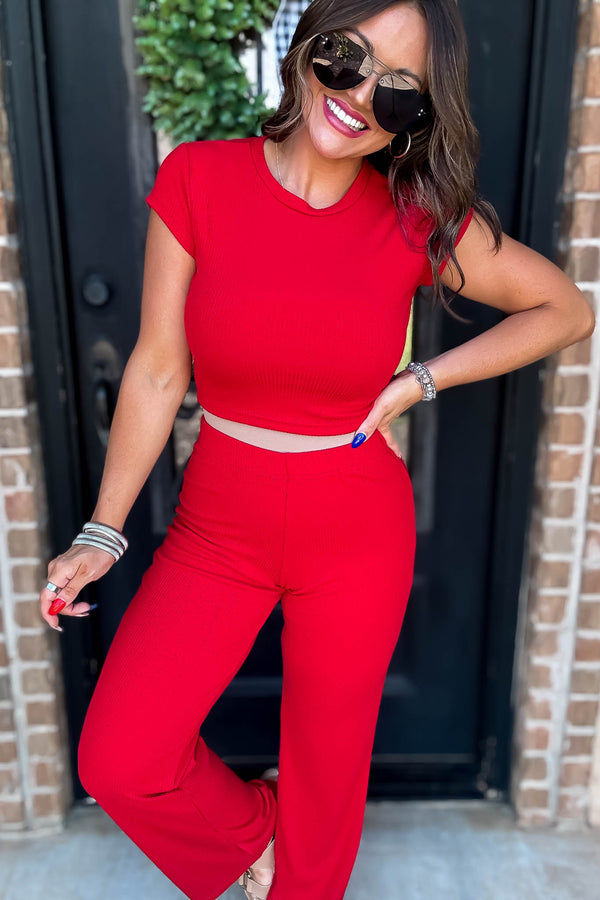 Travel In Comfort Red Salsa Soft Ribbed Crop Tee Wide Leg Pant Set