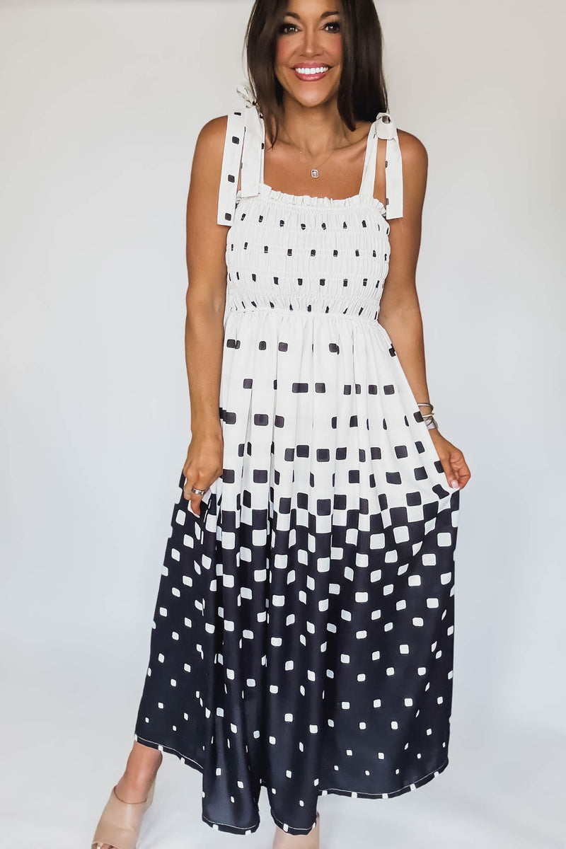 Pixel Print Smocked Bodice Maxi Dress