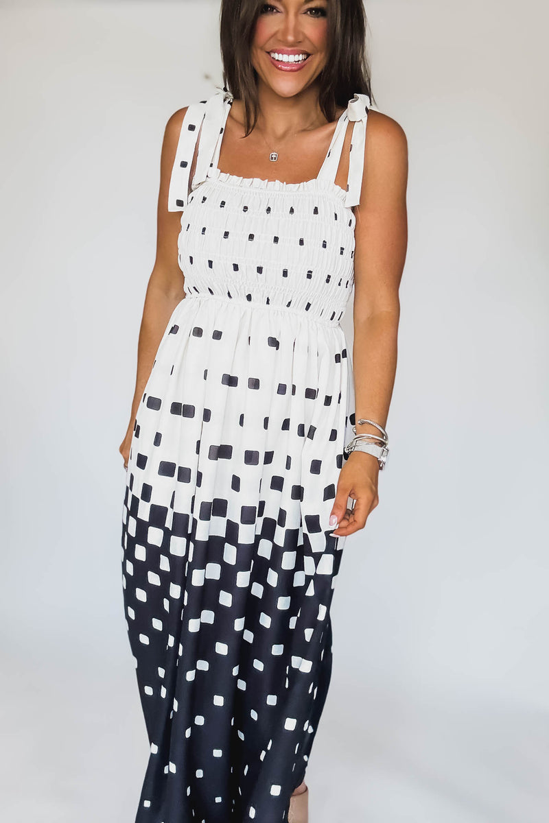 Pixel Print Smocked Bodice Maxi Dress