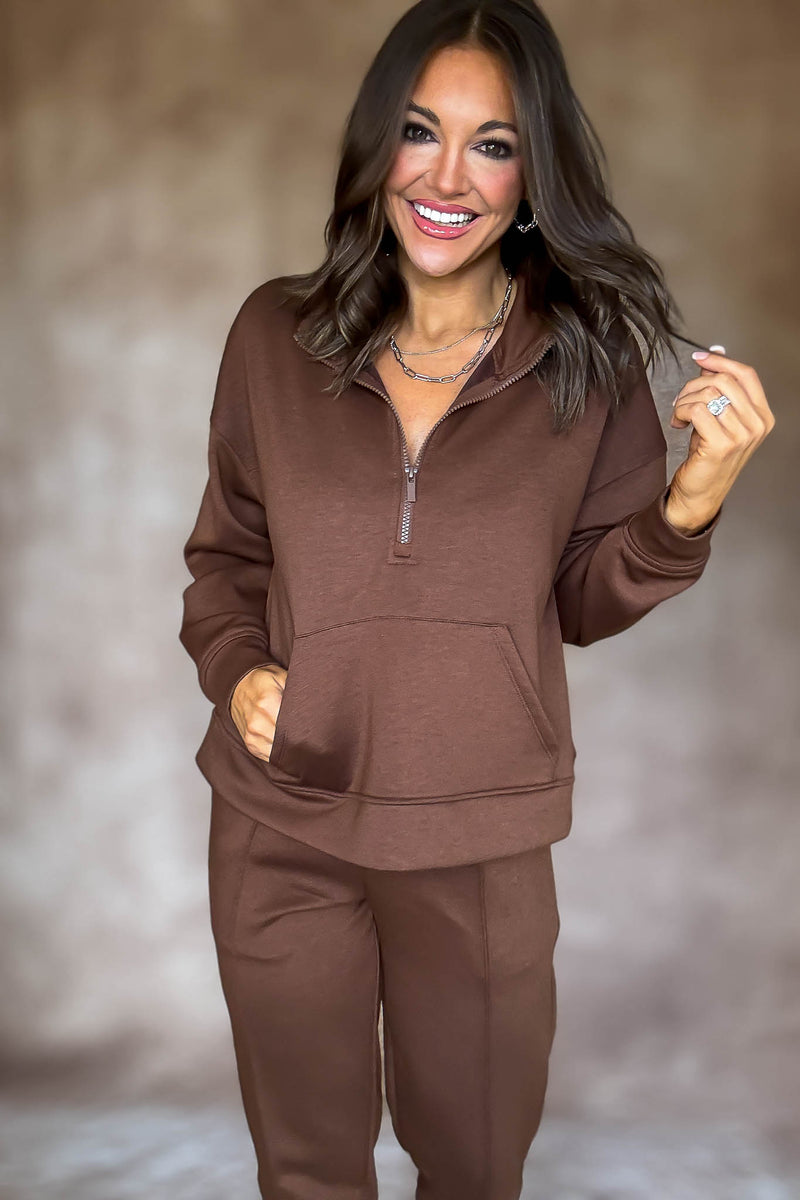 Easy Does It Brown Scuba Half Zip Sweatshirt