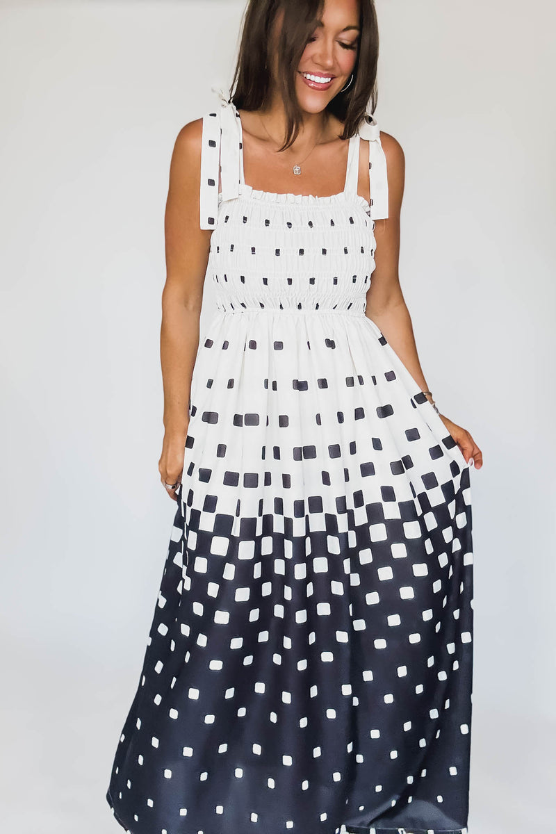 Pixel Print Smocked Bodice Maxi Dress