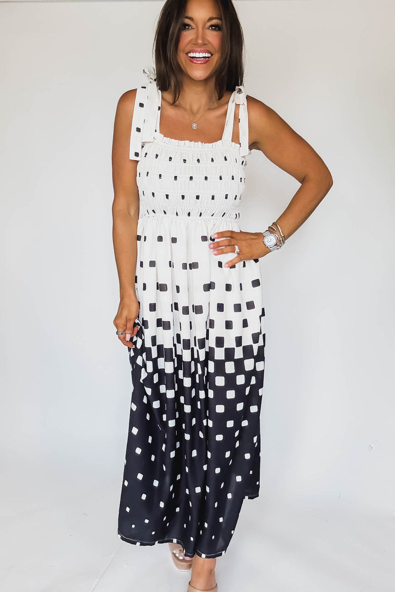 Pixel Print Smocked Bodice Maxi Dress
