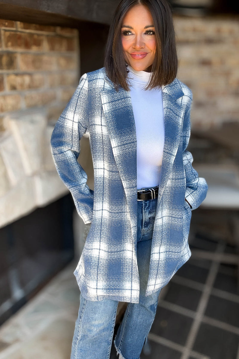 Blue Tartan Check Brush Oversized Coat