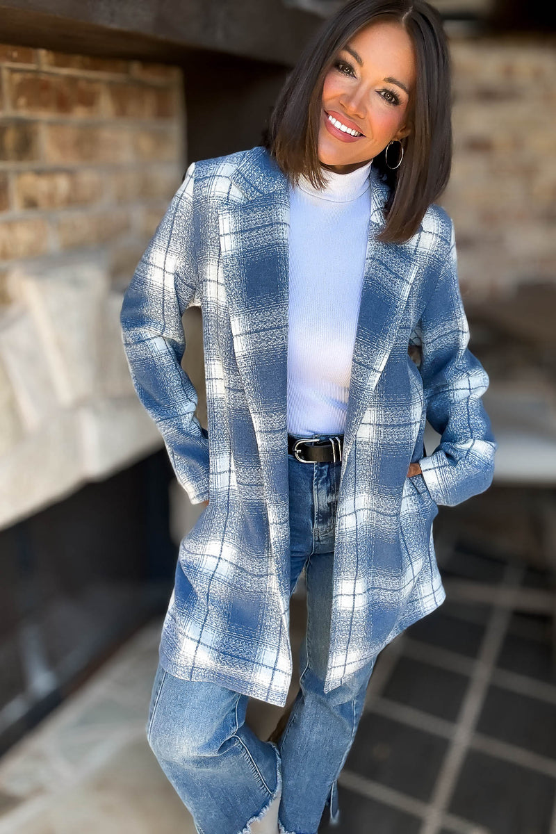 Blue Tartan Check Brush Oversized Coat
