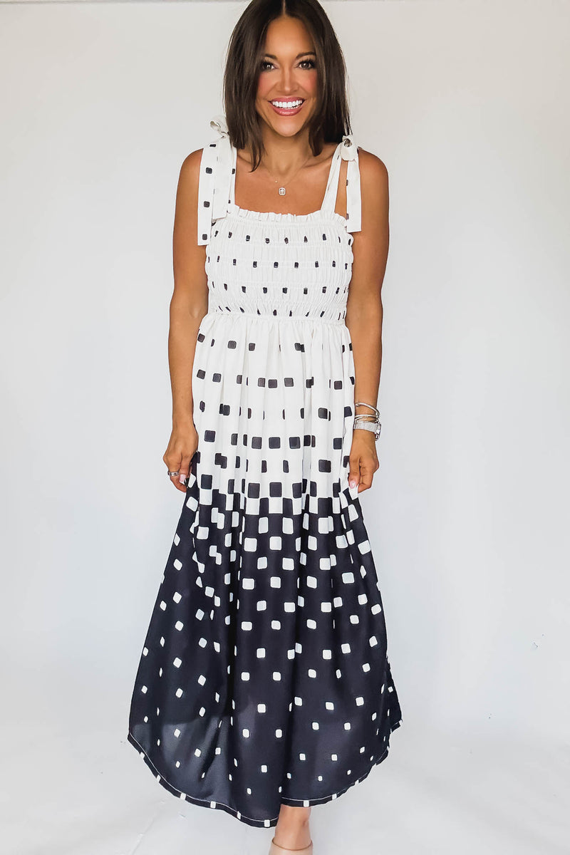 Pixel Print Smocked Bodice Maxi Dress