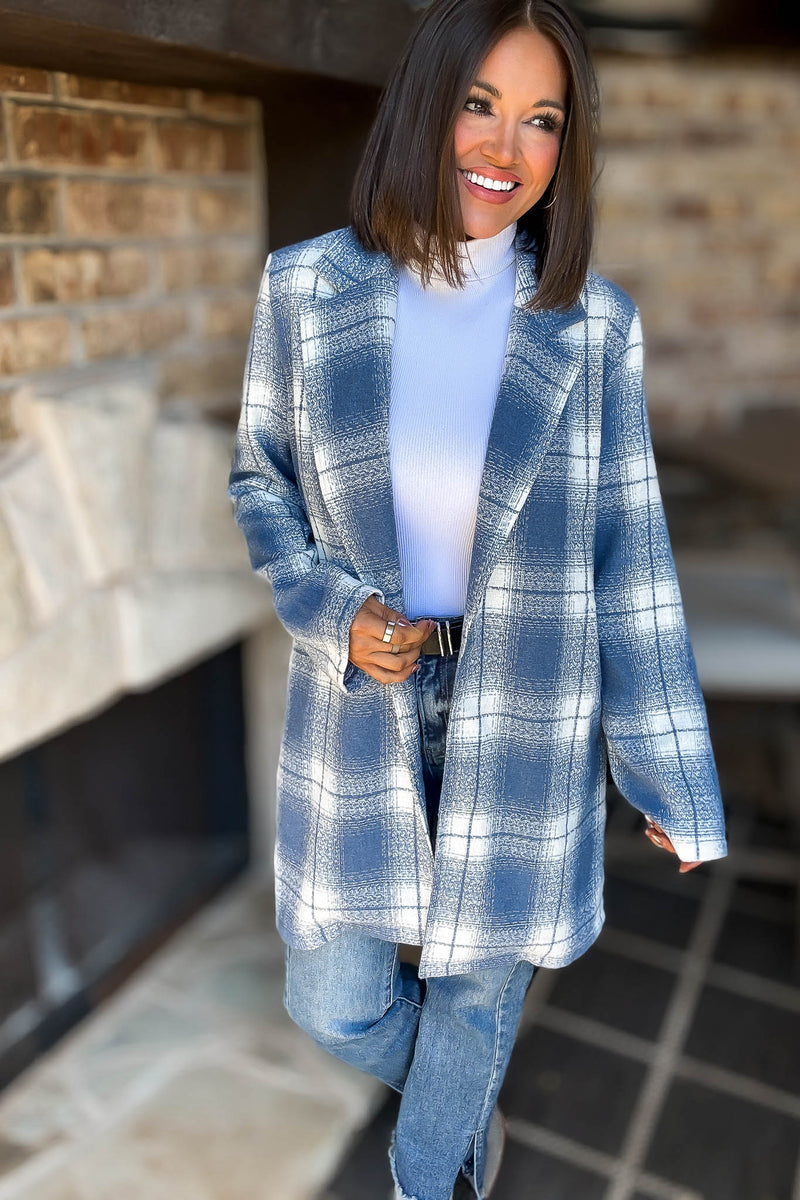 Blue Tartan Check Brush Oversized Coat