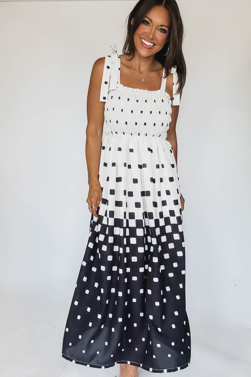 Pixel Print Smocked Bodice Maxi Dress