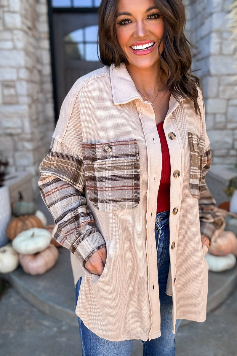 Perfectly In Season Oatmeal Thermal Knit Plaid Shacket