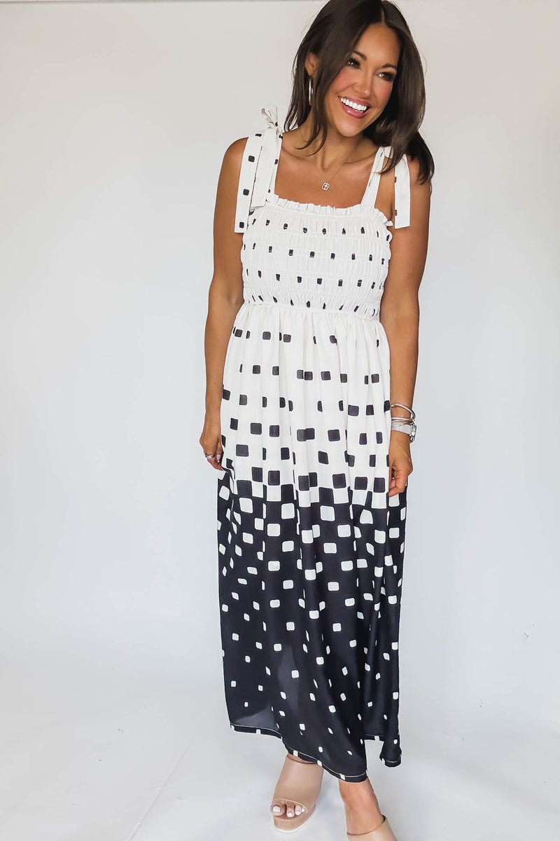 Pixel Print Smocked Bodice Maxi Dress