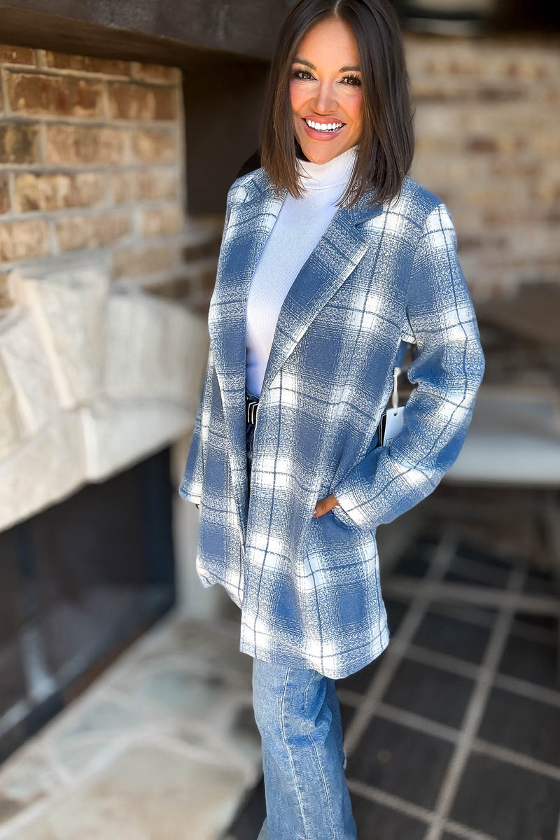 Blue Tartan Check Brush Oversized Coat