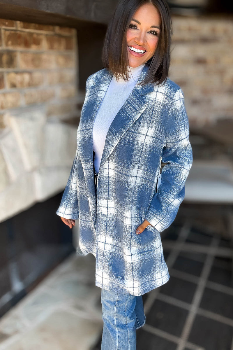 Blue Tartan Check Brush Oversized Coat