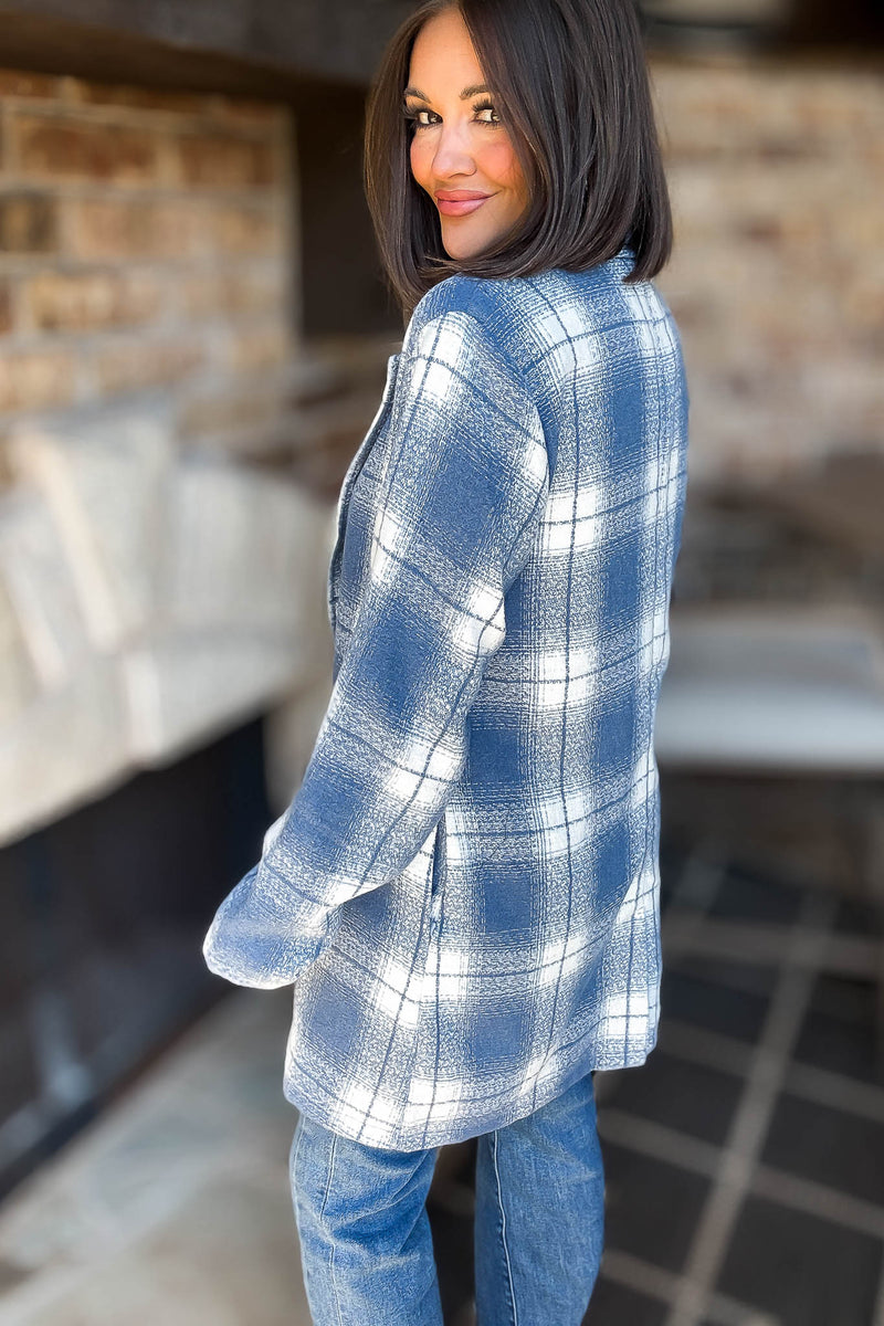 Blue Tartan Check Brush Oversized Coat