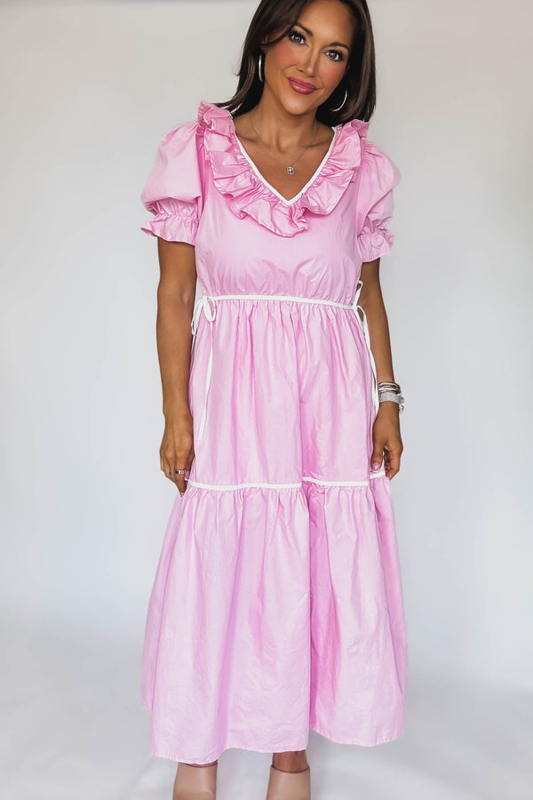 Solid Ruffle V Neck Tiered Maxi Dress