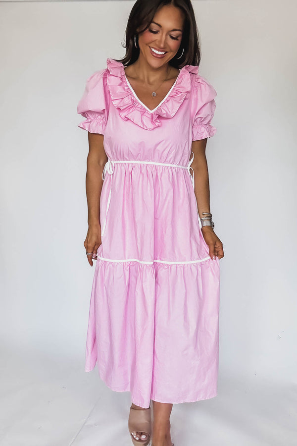 Solid Ruffle V Neck Tiered Maxi Dress