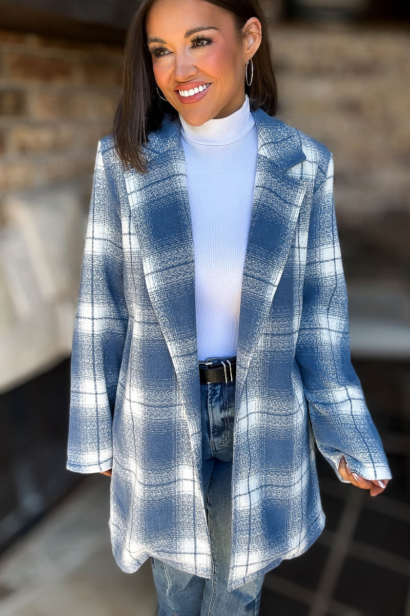 Blue Tartan Check Brush Oversized Coat