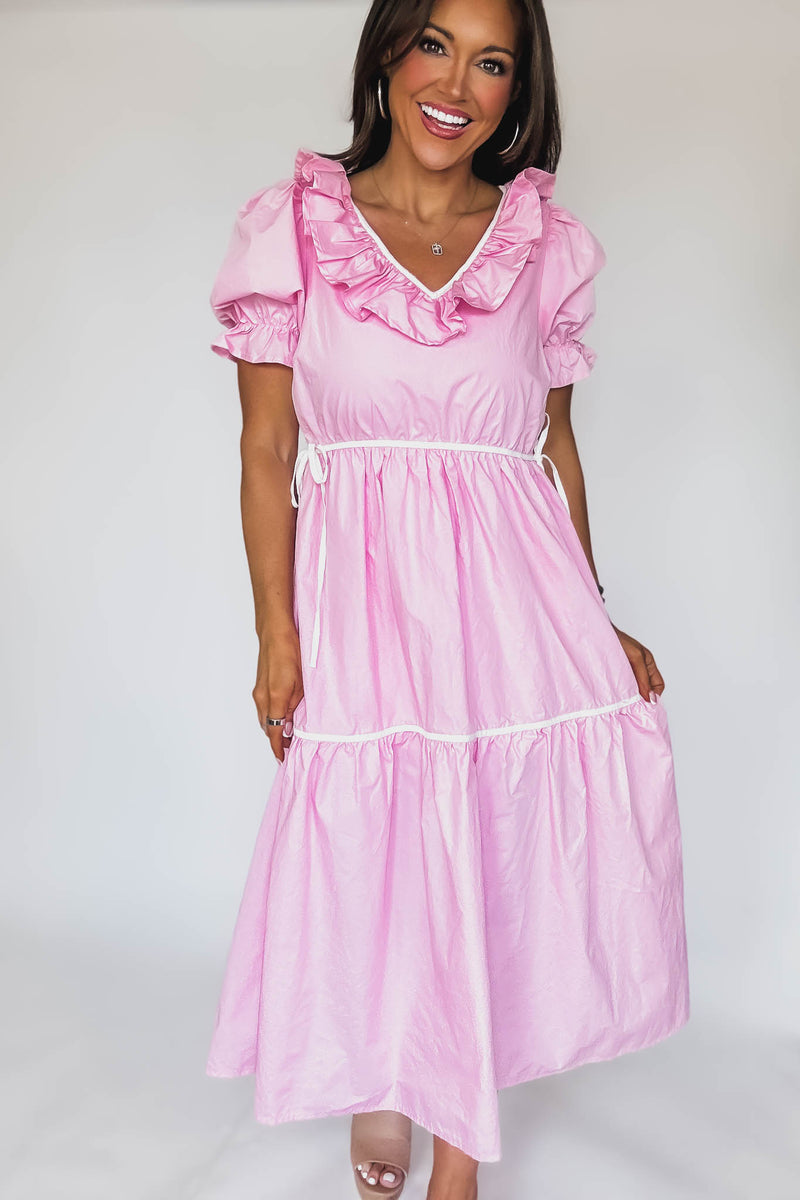 Solid Ruffle V Neck Tiered Maxi Dress