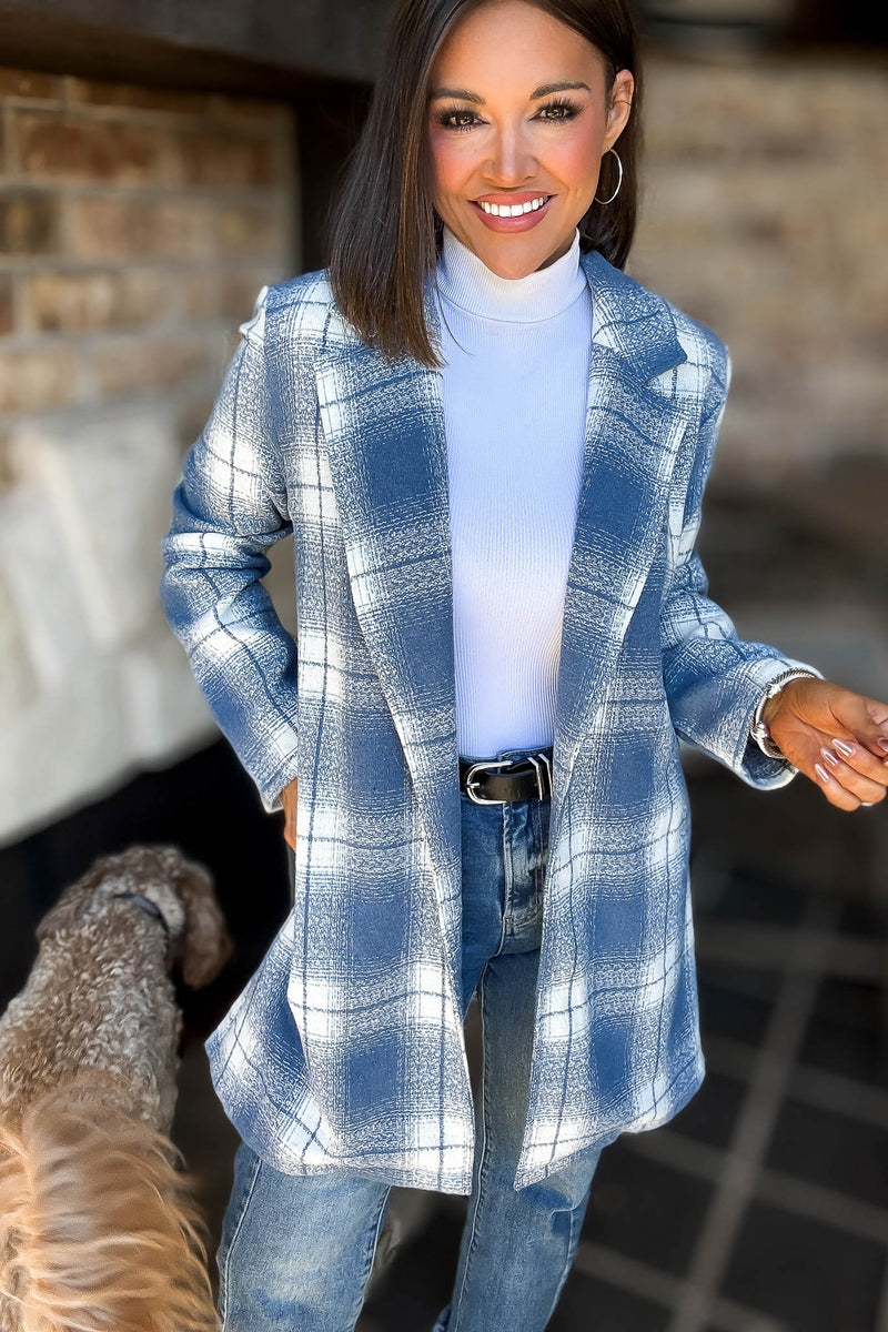 Blue Tartan Check Brush Oversized Coat