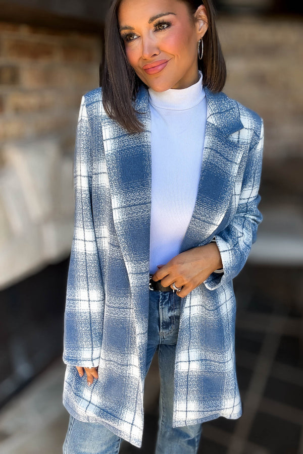Blue Tartan Check Brush Oversized Coat