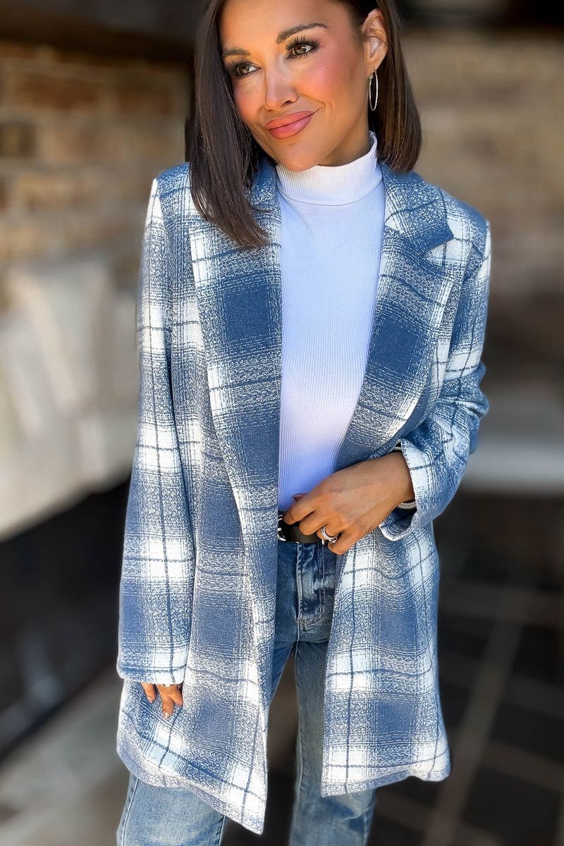 Blue Tartan Check Brush Oversized Coat