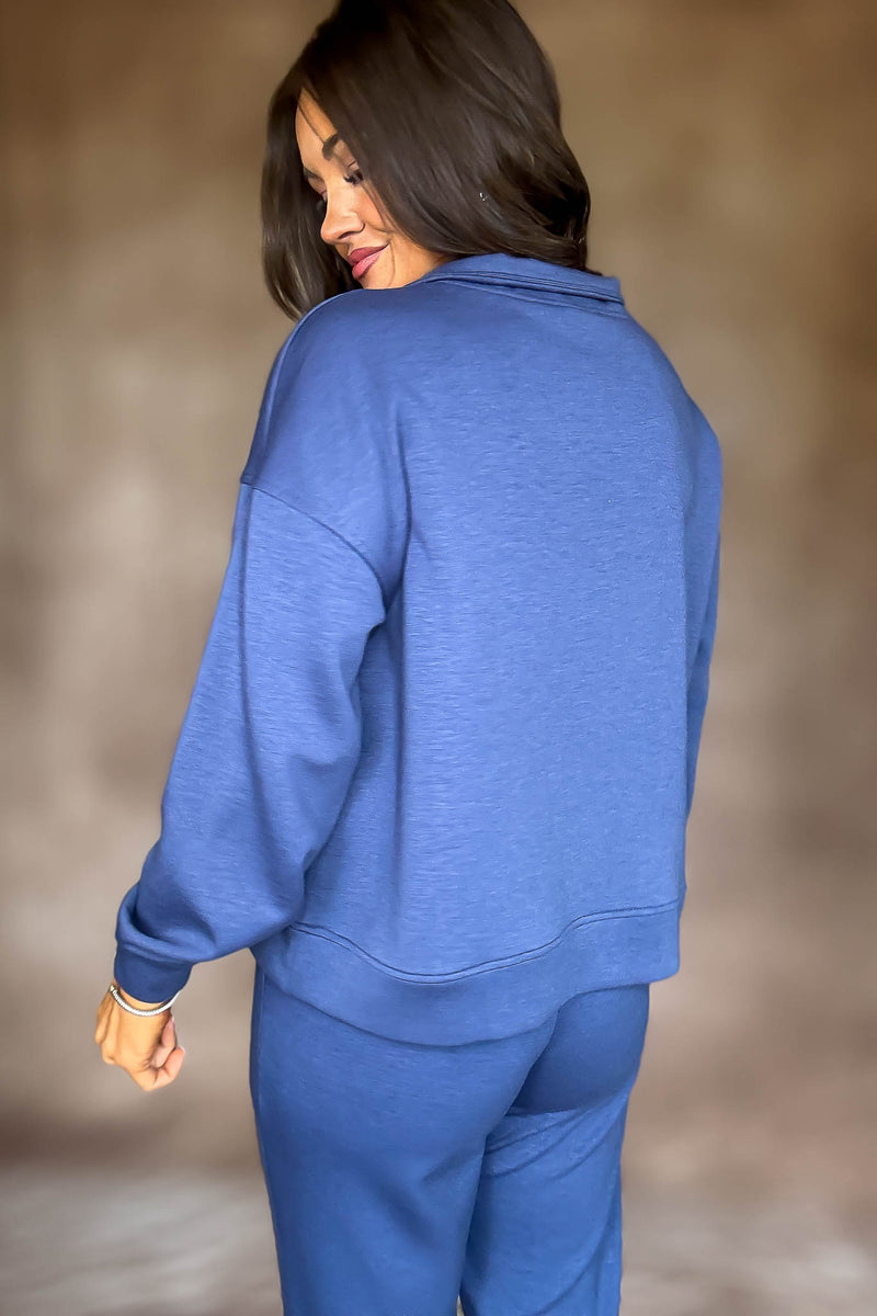 Easy Does It Blue Indigo Scuba Half Zip Sweatshirt