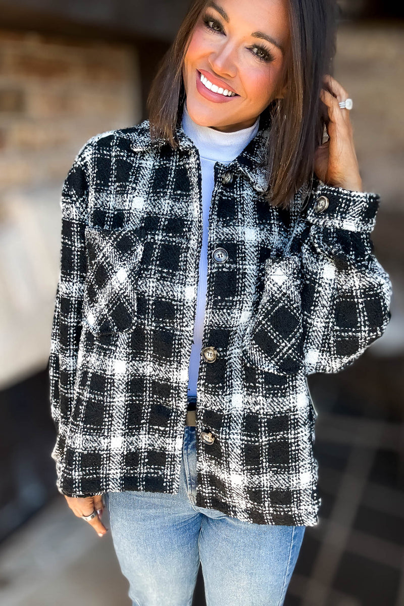Black Plaid Check Tweed Oversized Shacket