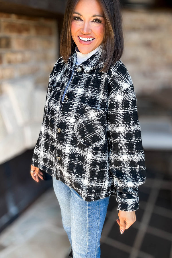 Black Plaid Check Tweed Oversized Shacket