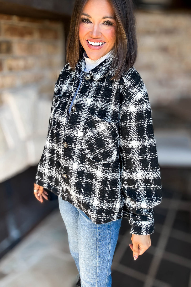 Black Plaid Check Tweed Oversized Shacket