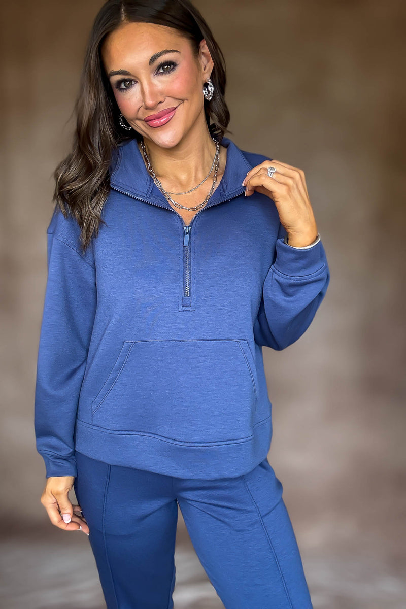 Easy Does It Blue Indigo Scuba Half Zip Sweatshirt