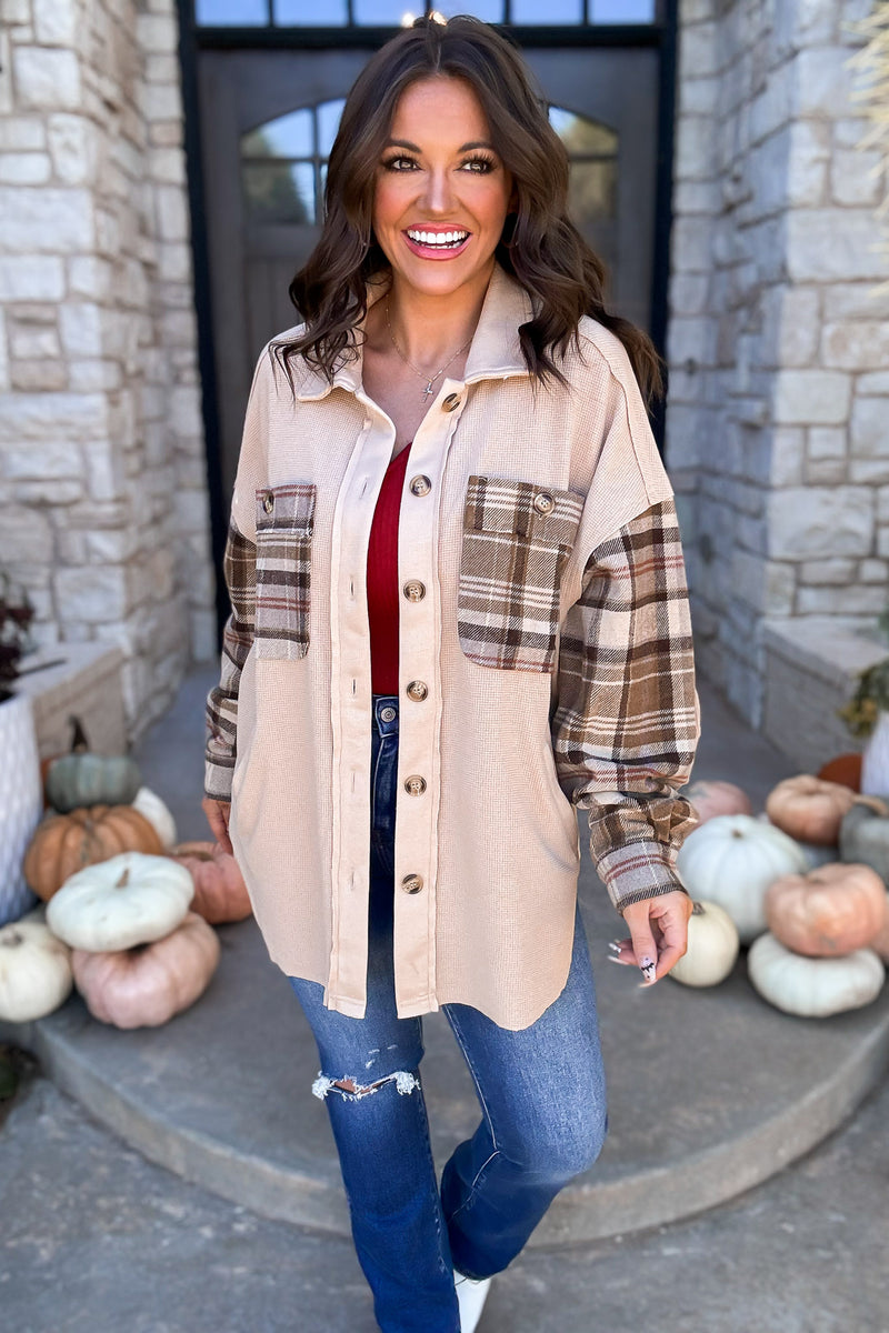 Perfectly In Season Oatmeal Thermal Knit Plaid Shacket