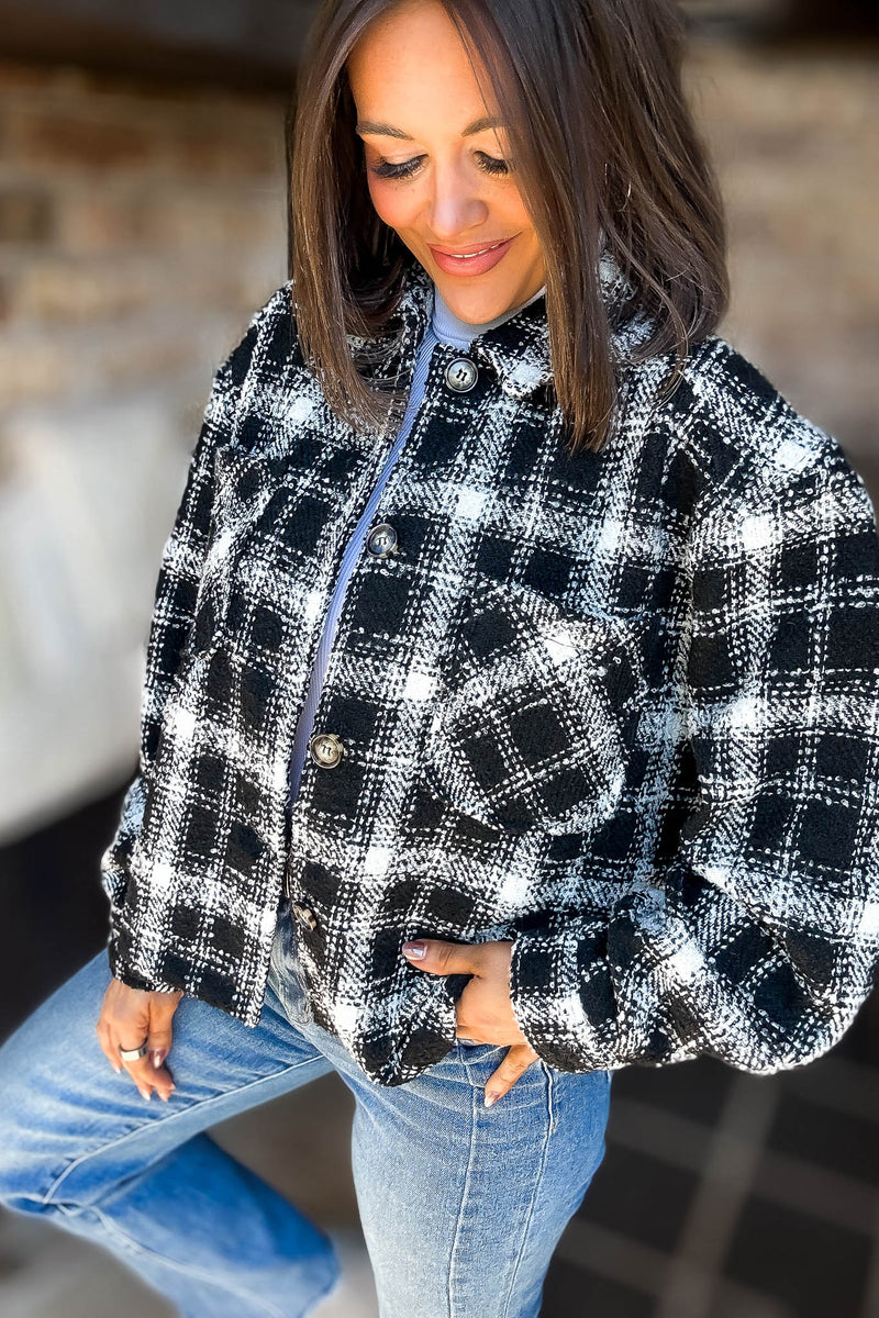 Black Plaid Check Tweed Oversized Shacket