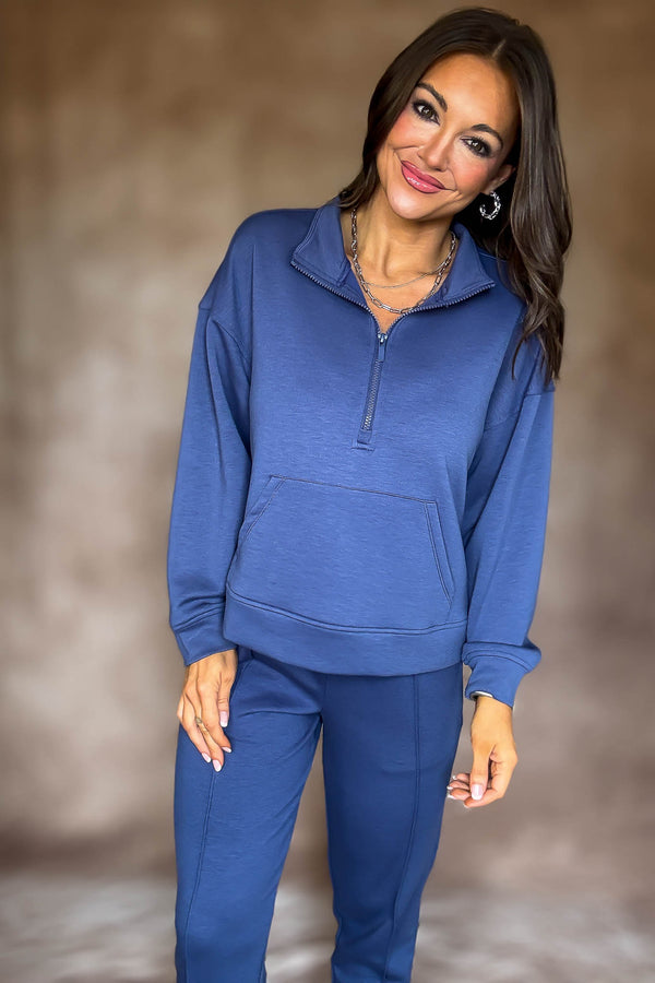 Easy Does It Blue Indigo Scuba Half Zip Sweatshirt