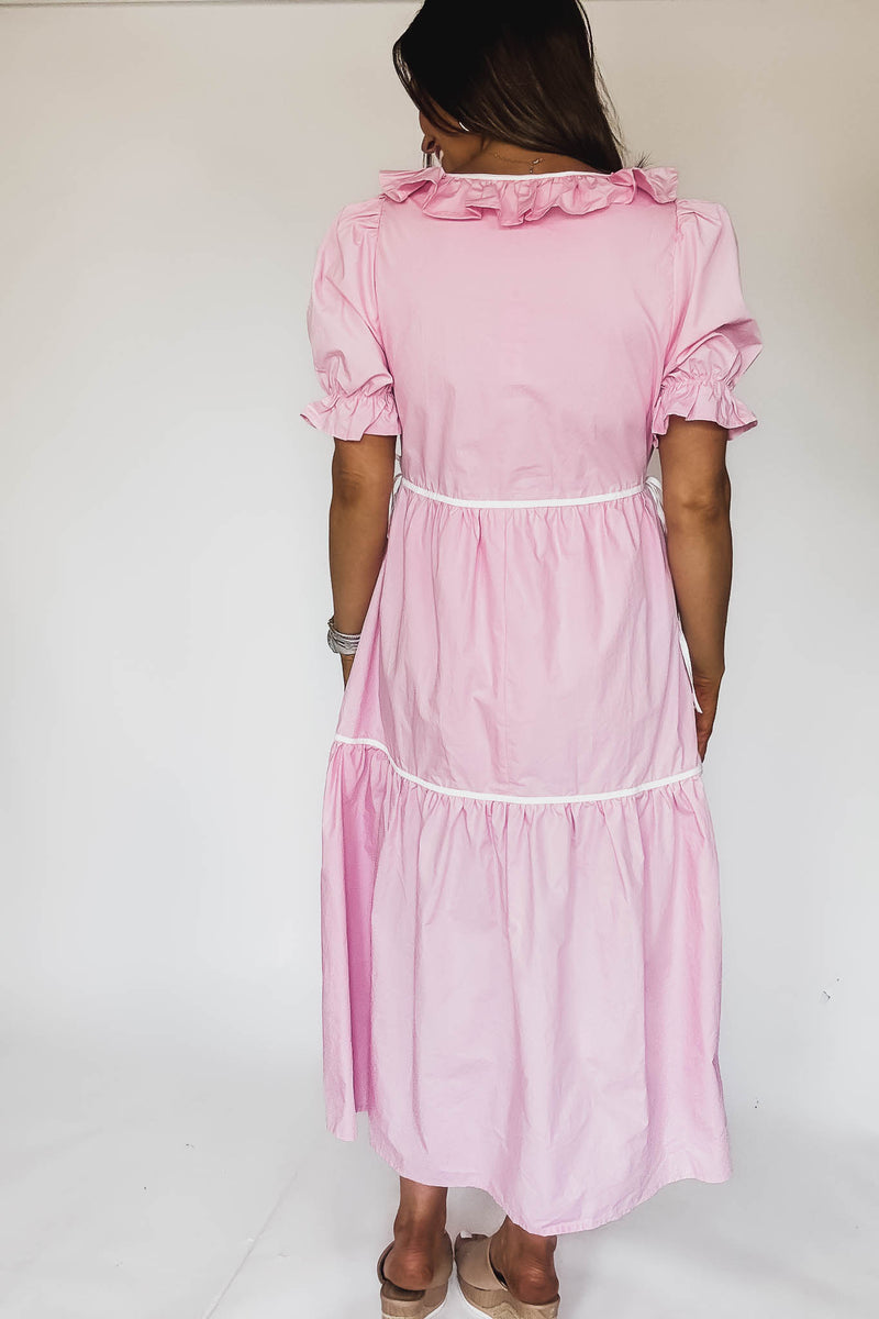 Solid Ruffle V Neck Tiered Maxi Dress
