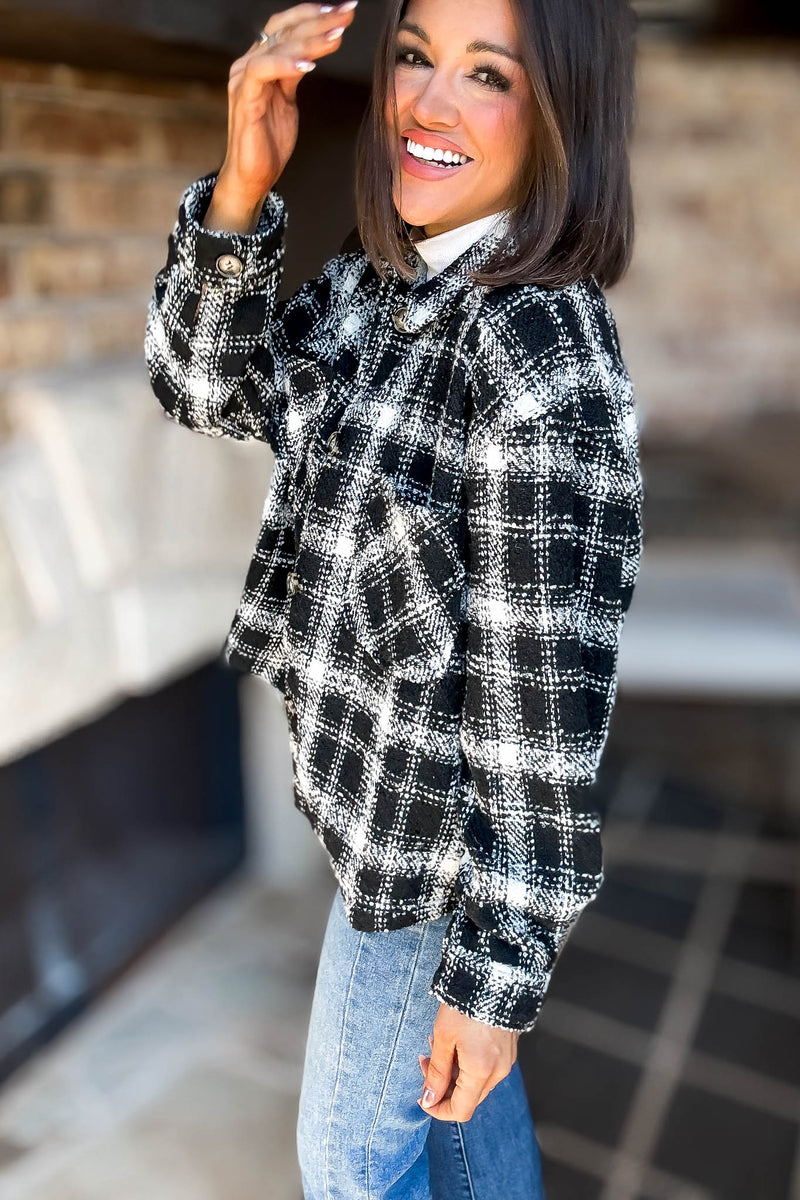 Black Plaid Check Tweed Oversized Shacket