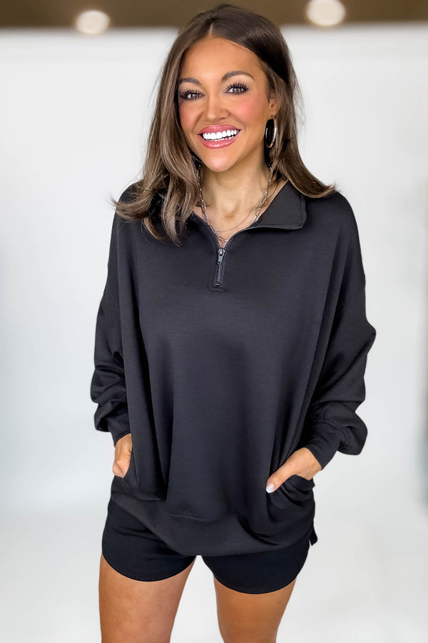 Scuba Half Black Zip Pullover Top