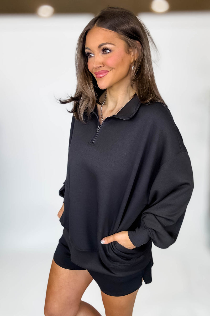 Scuba Half Black Zip Pullover Top