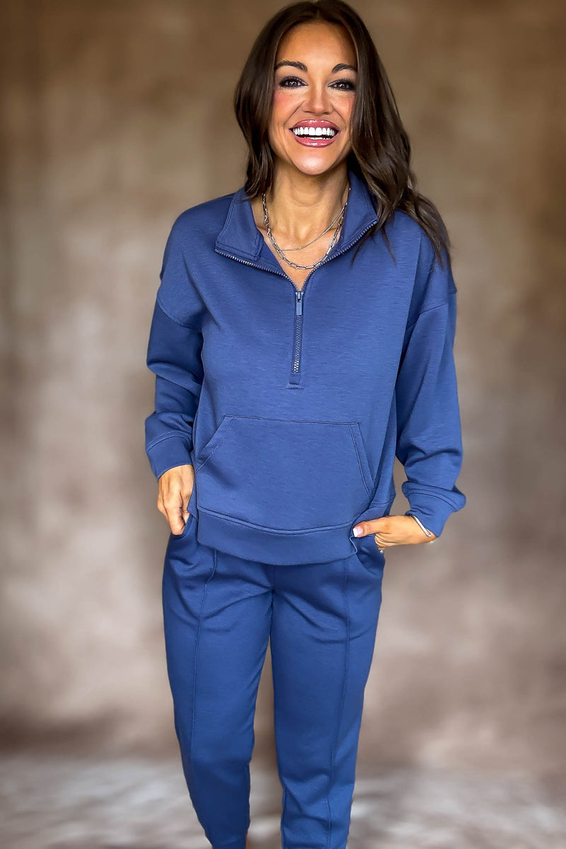 Easy Does It Blue Indigo Scuba Half Zip Sweatshirt