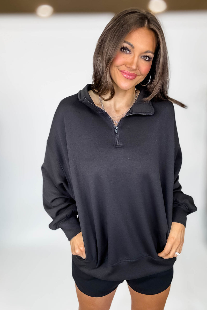 Scuba Half Black Zip Pullover Top