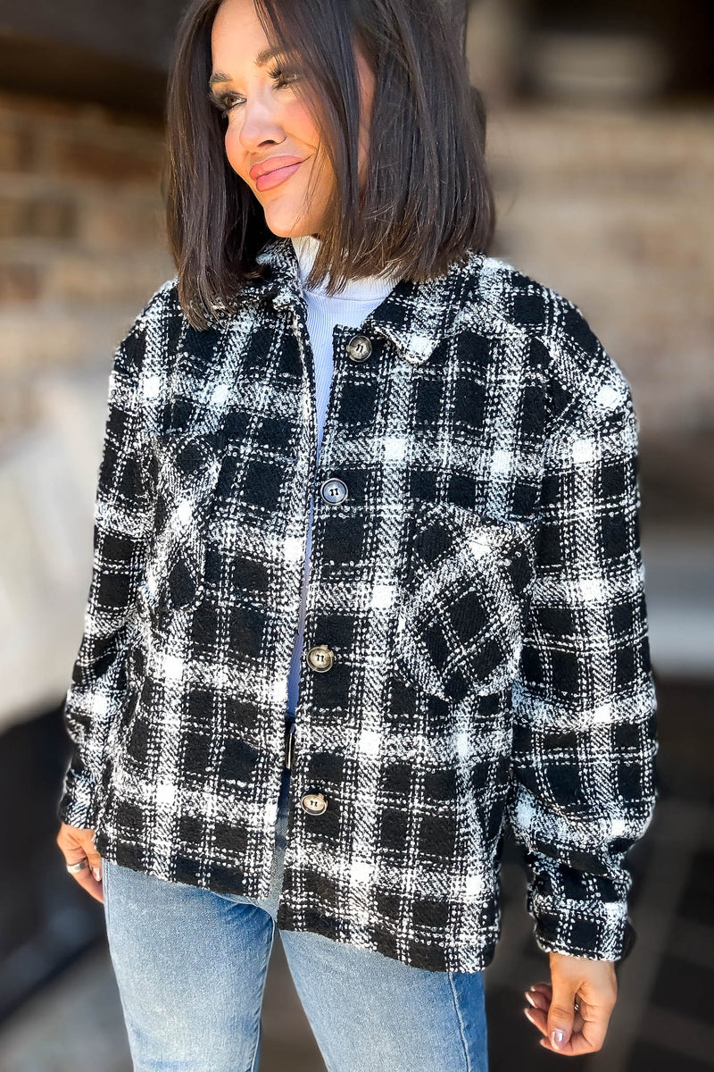 Black Plaid Check Tweed Oversized Shacket