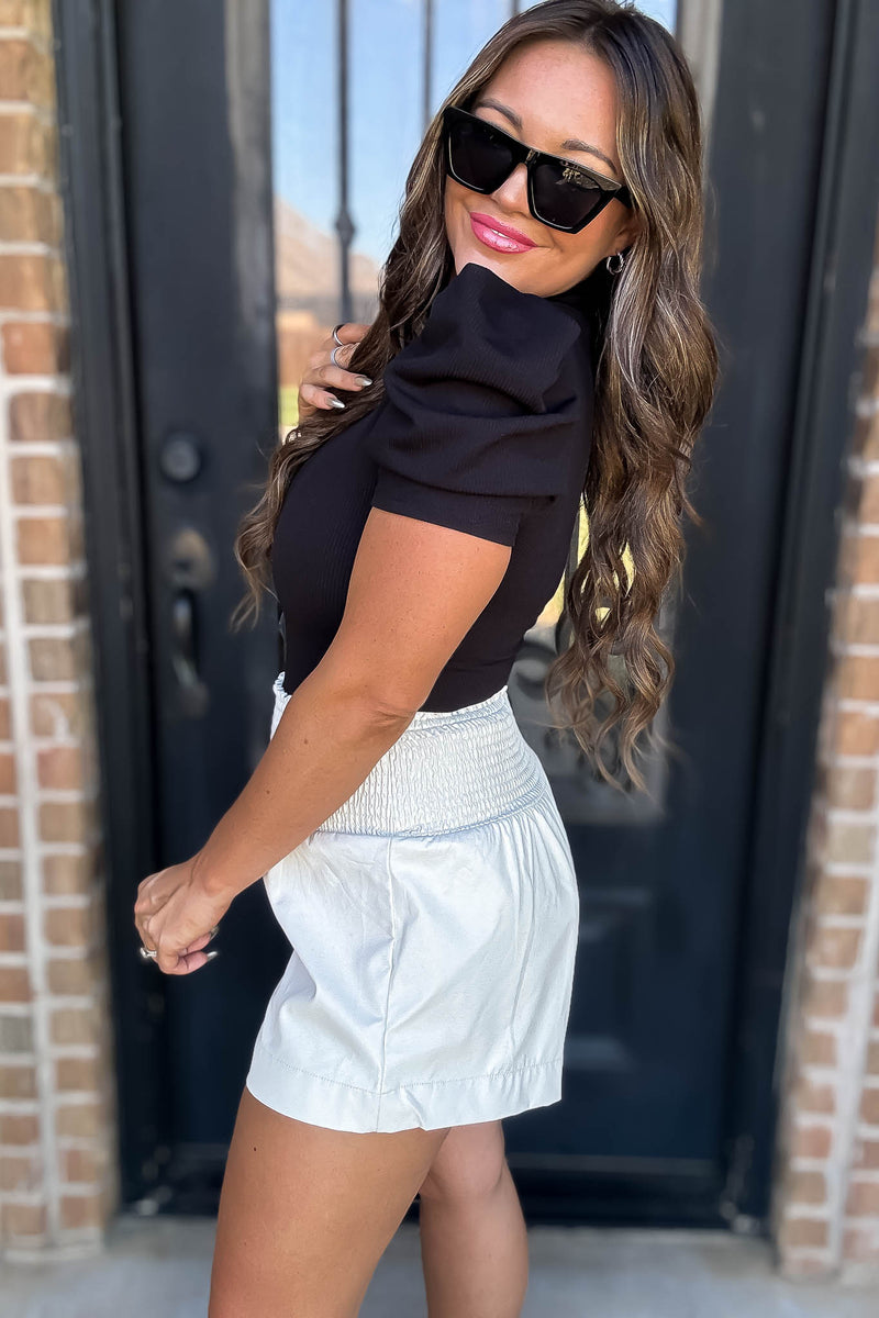 Winning Black Short Puff Sleeve Bodysuit