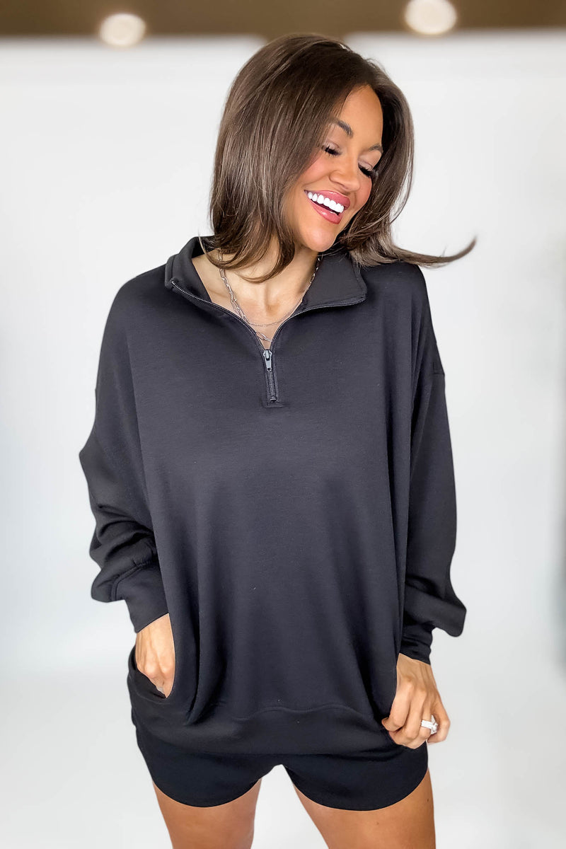 Scuba Half Black Zip Pullover Top