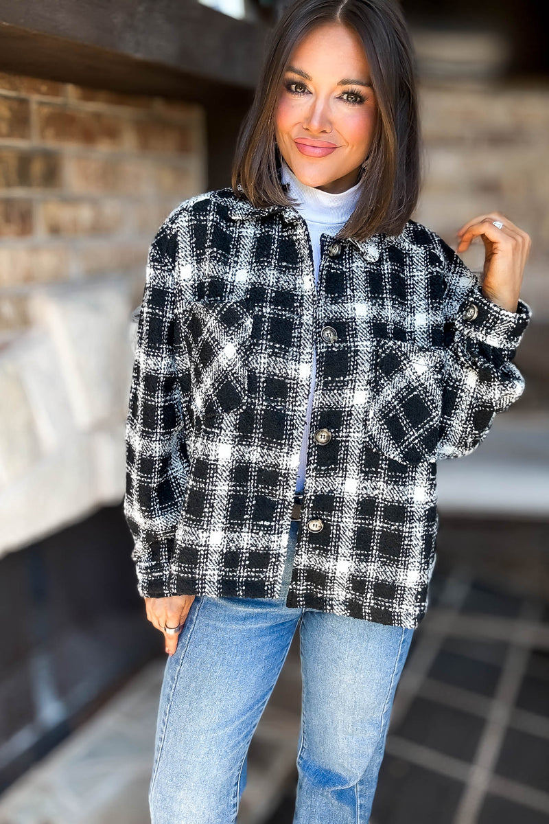Black Plaid Check Tweed Oversized Shacket