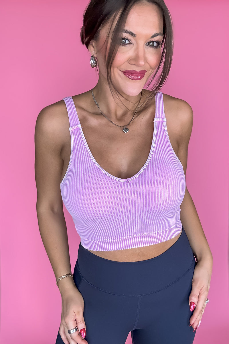 Say Anything Mauve Washed Ribbed Cropped Bra Padded Tank Top