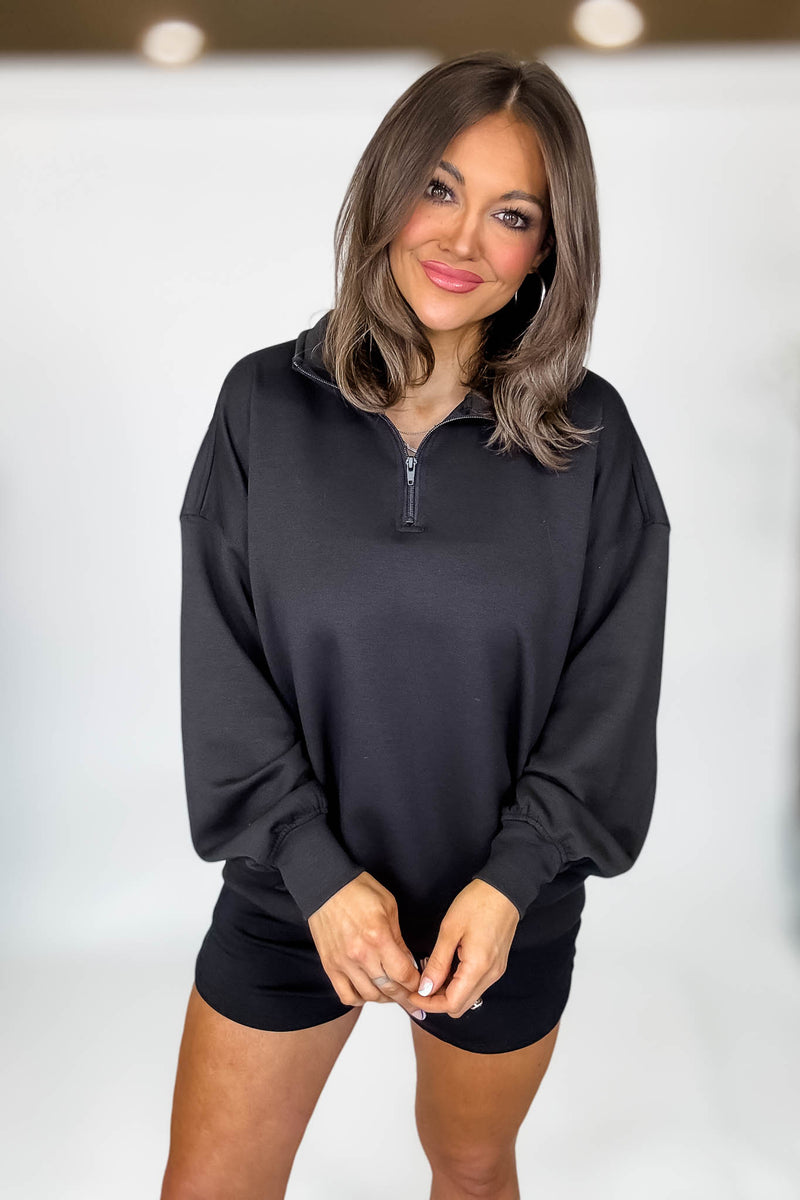 Scuba Half Black Zip Pullover Top