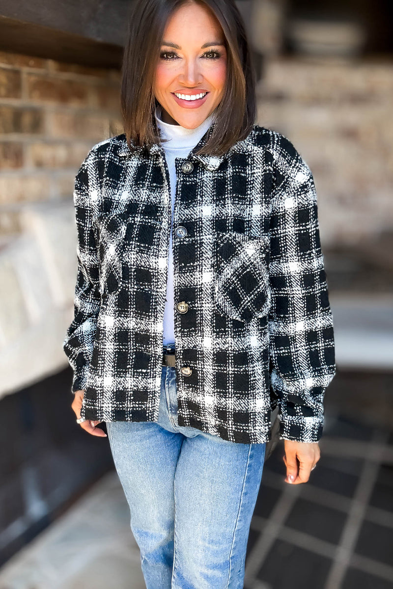 Black Plaid Check Tweed Oversized Shacket