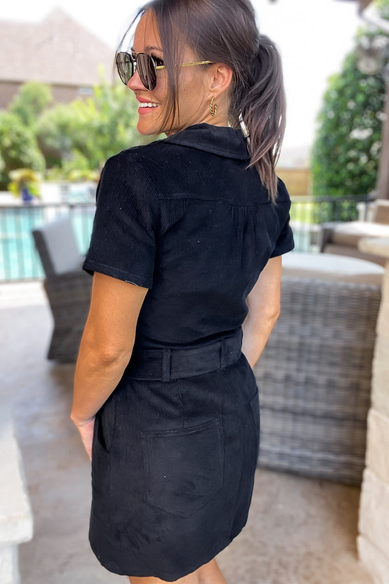 Corduroy Front Zipper Open Black Dress With Belt