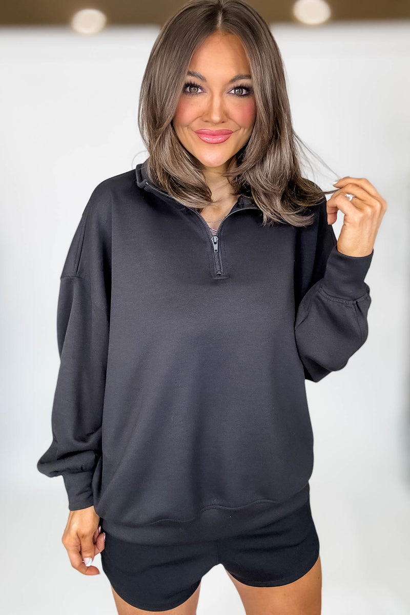 Scuba Half Black Zip Pullover Top