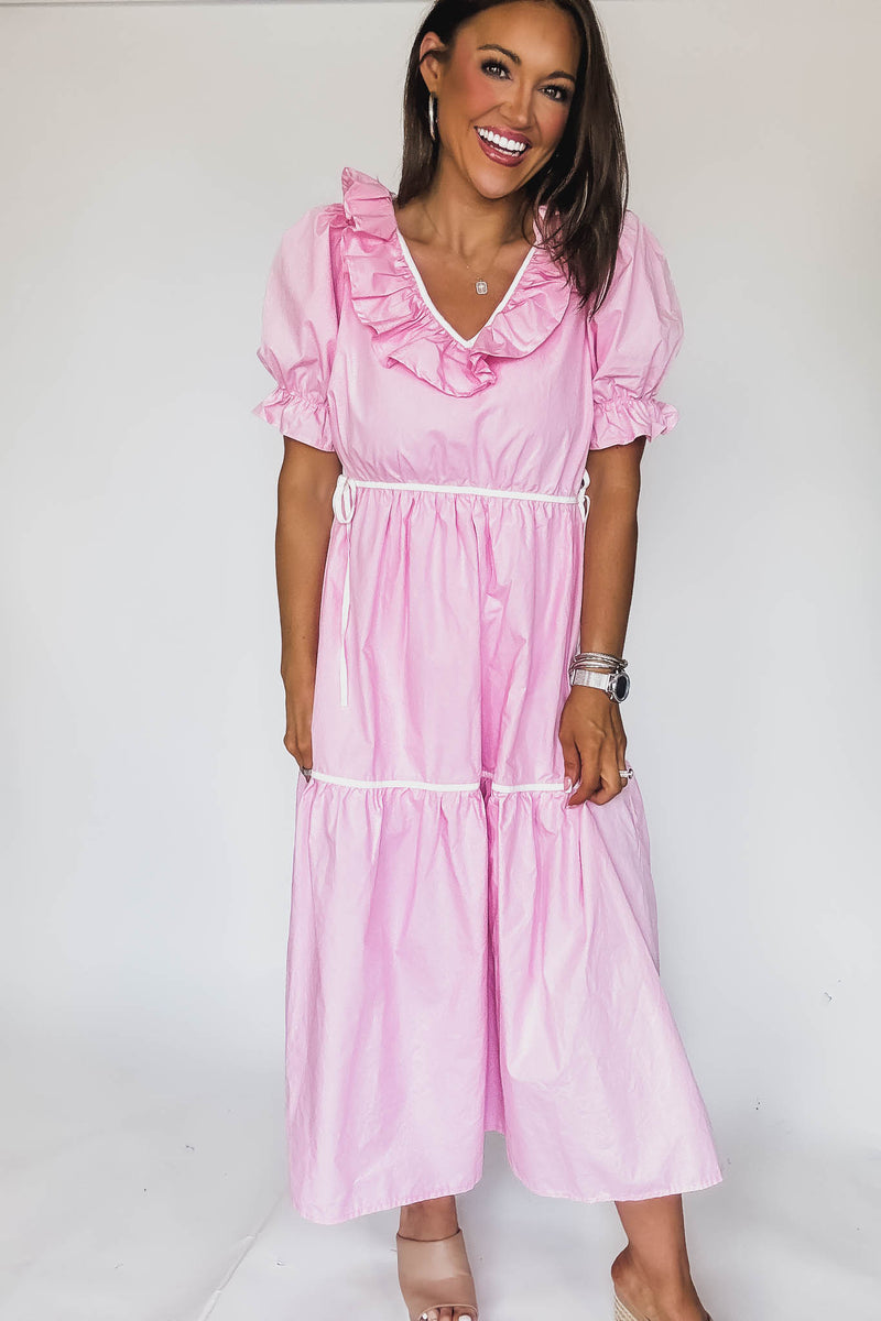 Solid Ruffle V Neck Tiered Maxi Dress