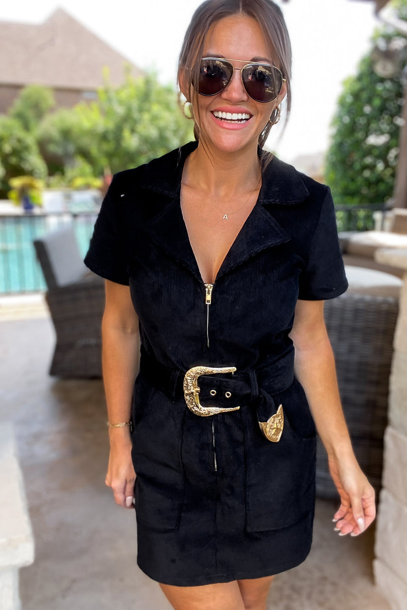 Corduroy Front Zipper Open Black Dress With Belt