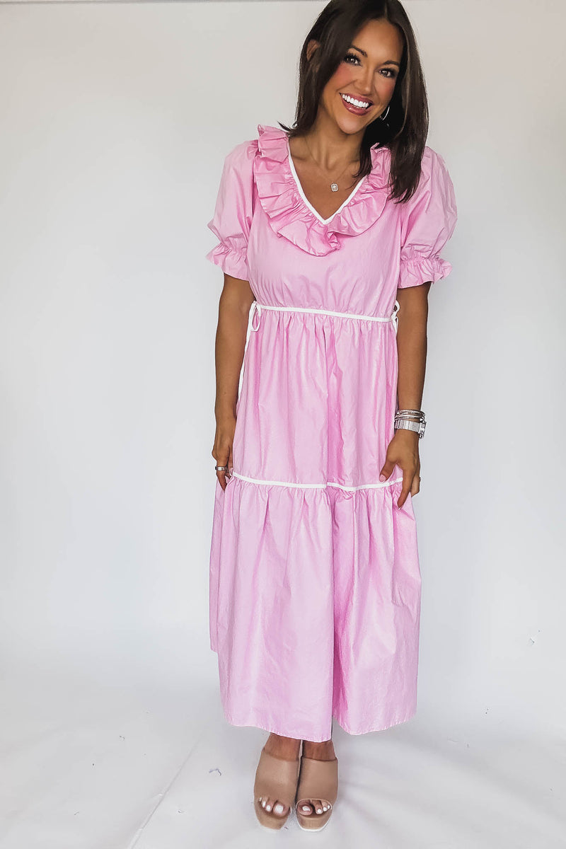 Solid Ruffle V Neck Tiered Maxi Dress